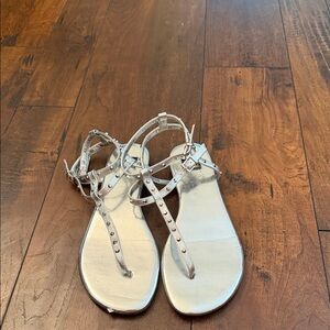 White House Black Market Silver Studded T-Strap Sandals